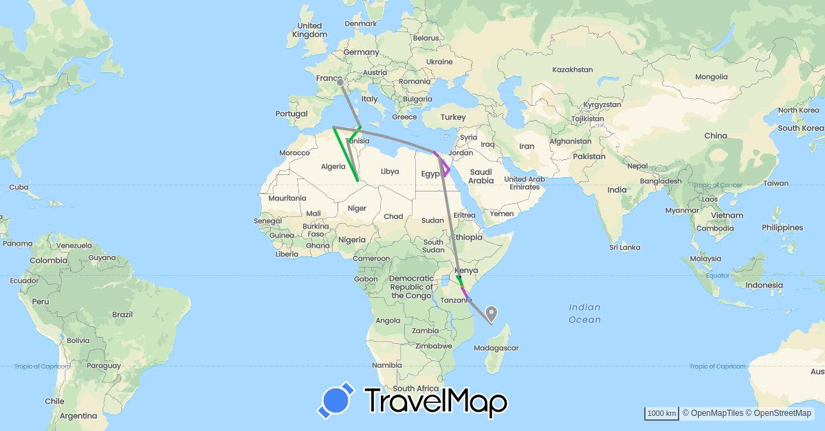 TravelMap itinerary: driving, bus, plane, train, boat, hitchhiking in Algeria, Egypt, France, Kenya, Tunisia, Tanzania (Africa, Europe)